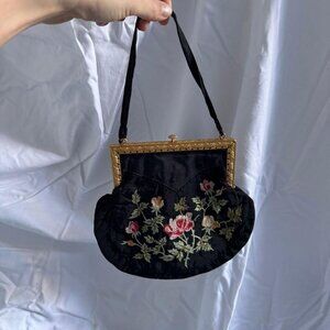 Antique French black silk evening purse with tambourine embroidery